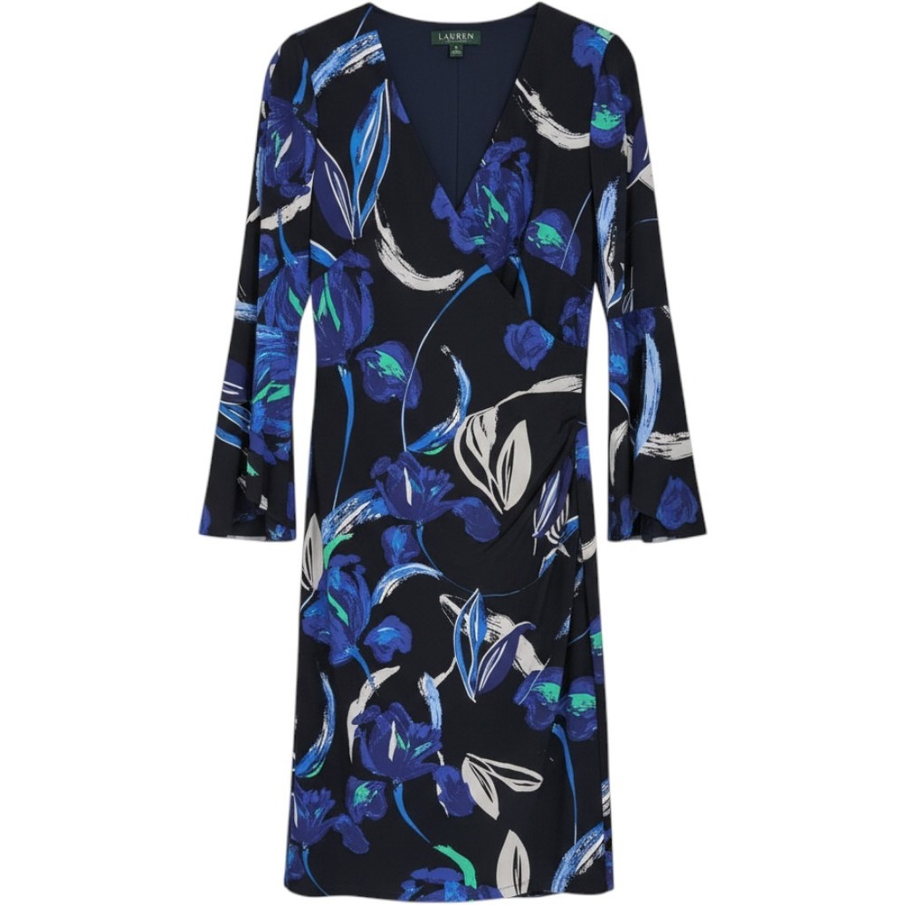 Lauren Ralph Lauren Faux Wrap Dress 6 Blue Floral Bell Sleeve Ruched Office